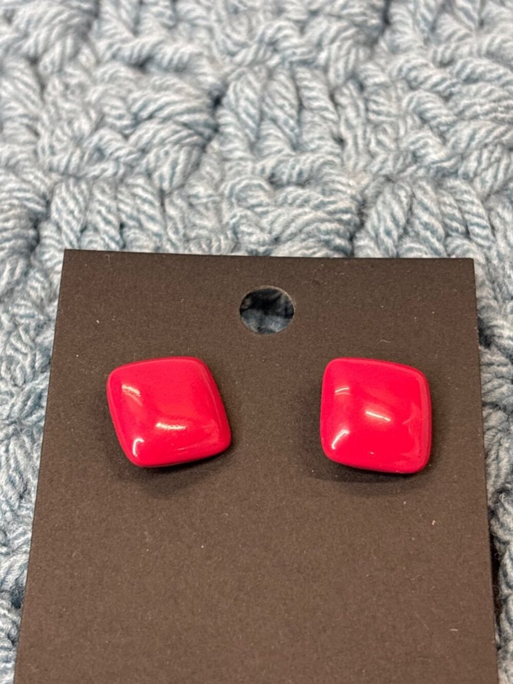 Vintage Pink Enamel Square Metal Stud Earrings 0.5 inch